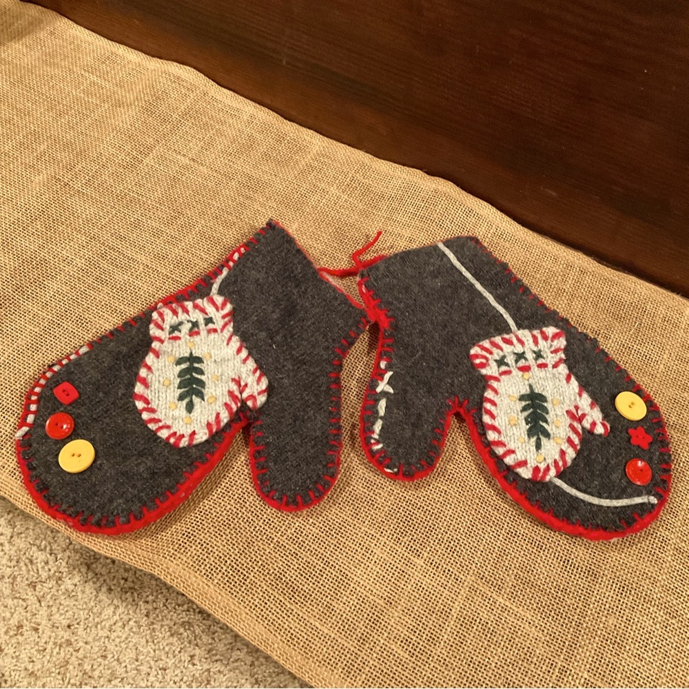 Pair of Hand-stitched Wool Mittens for Holiday Decor